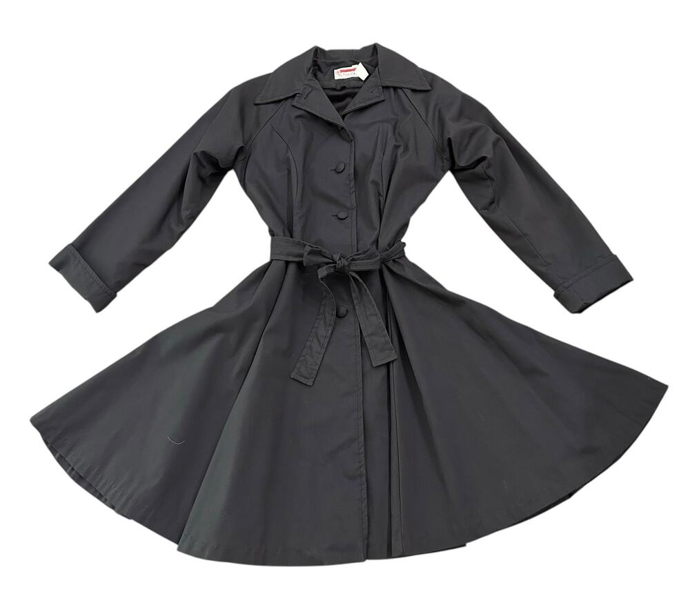 Vintage 70s Black Princess Coat Fit Flare Swing Trench Belted Small Daisy Q -